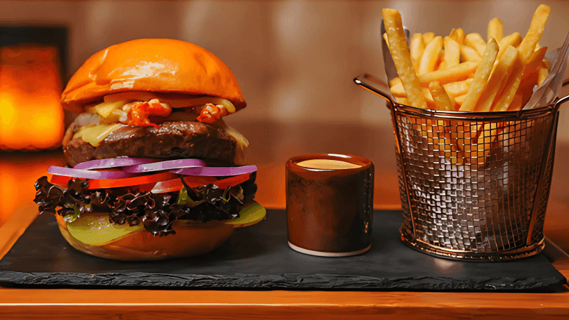 Groovy burger with fries and dip on a slate platter served in Pacific Groove Restaurant at Paramount Hotel Dubai