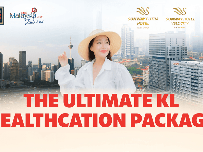 Woman wearing a hat and white coat pointing at city skyline with Healthcation Package text.