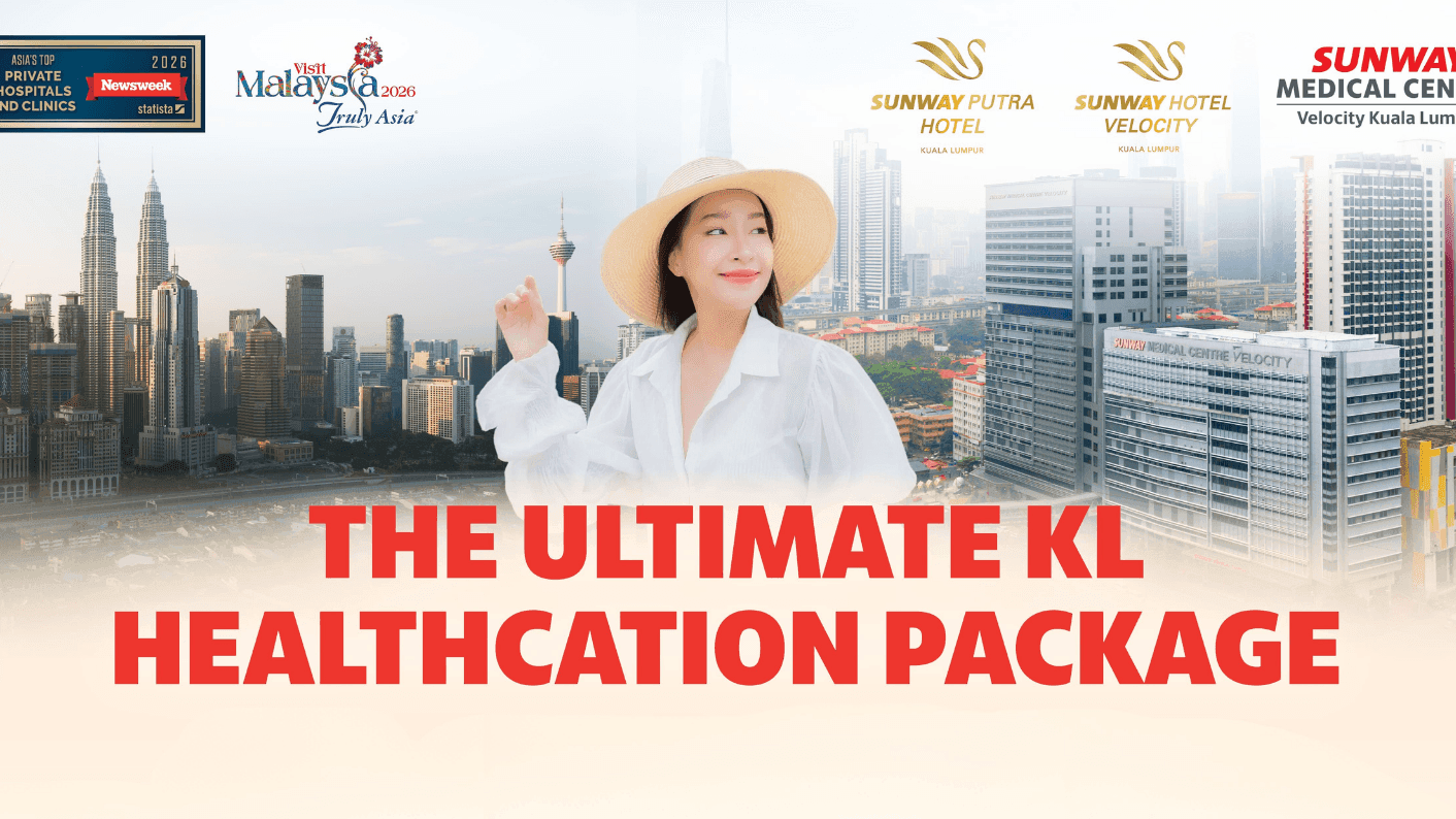 Woman wearing a hat and white coat pointing at city skyline with Healthcation Package text.