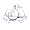 Black and white illustration of an avocado, pear, and orange on a plate at Warwick Fiji Resort and Spa Redesign.