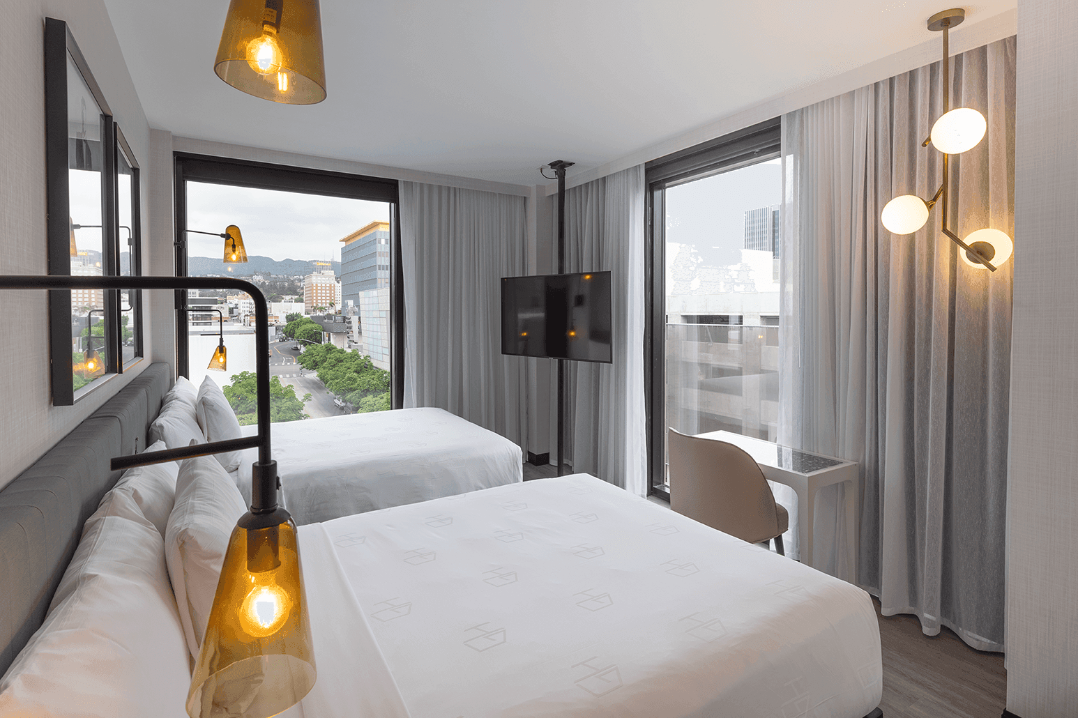 A modern guest room at The Godfrey Hotel Hollywood