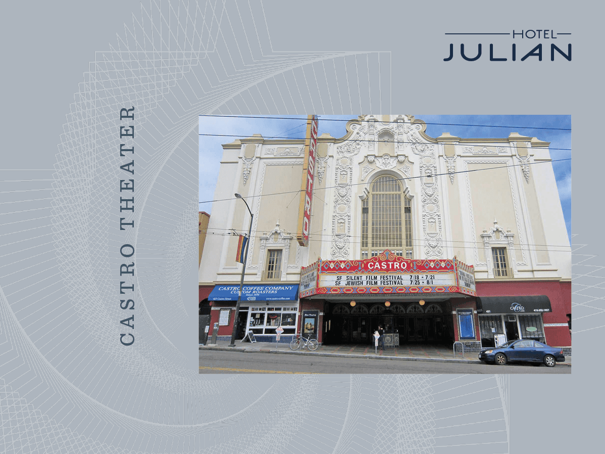 The Castro Theater building with a marquee and cars parked in front.