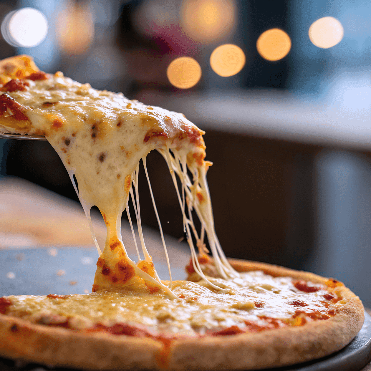 A slice of cheese pizza is being lifted from a whole pizza on a black plate.