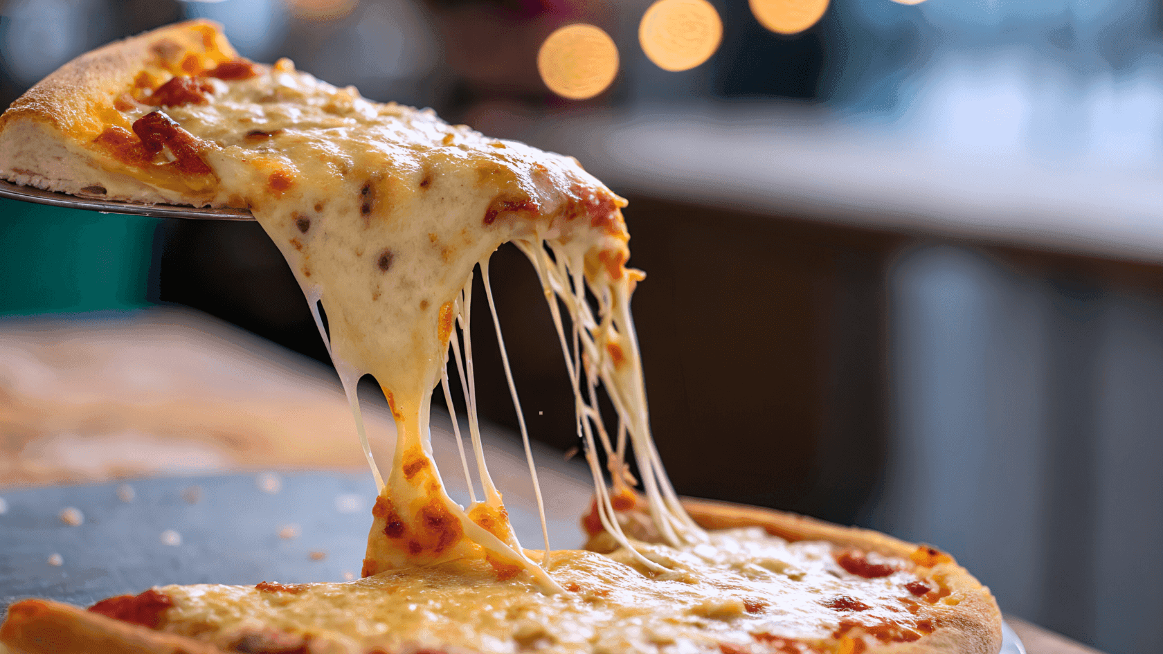 A slice of cheese pizza is being lifted from a whole pizza on a black plate.