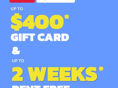 Promotional graphic advertising up to $400 gift card and up to 2 weeks rent free at UniLodge Royal Melbourne