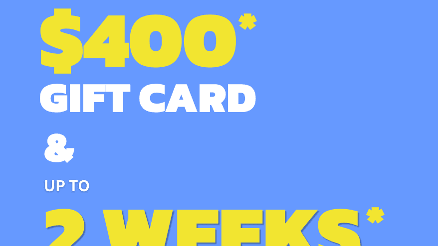 Promotional graphic advertising up to $400 gift card and up to 2 weeks rent free at UniLodge Royal Melbourne