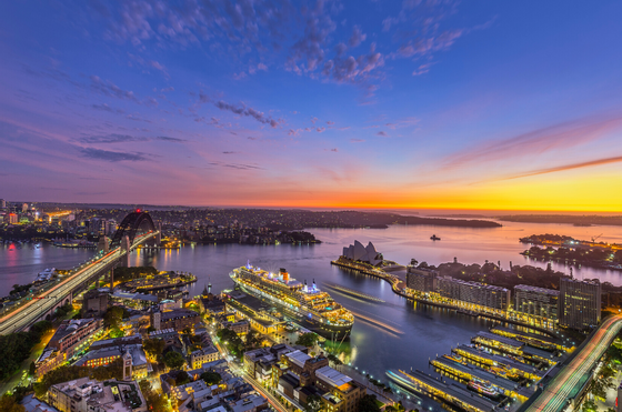 Aerial view of boats stationed on dock near Amora Hotel Sydney