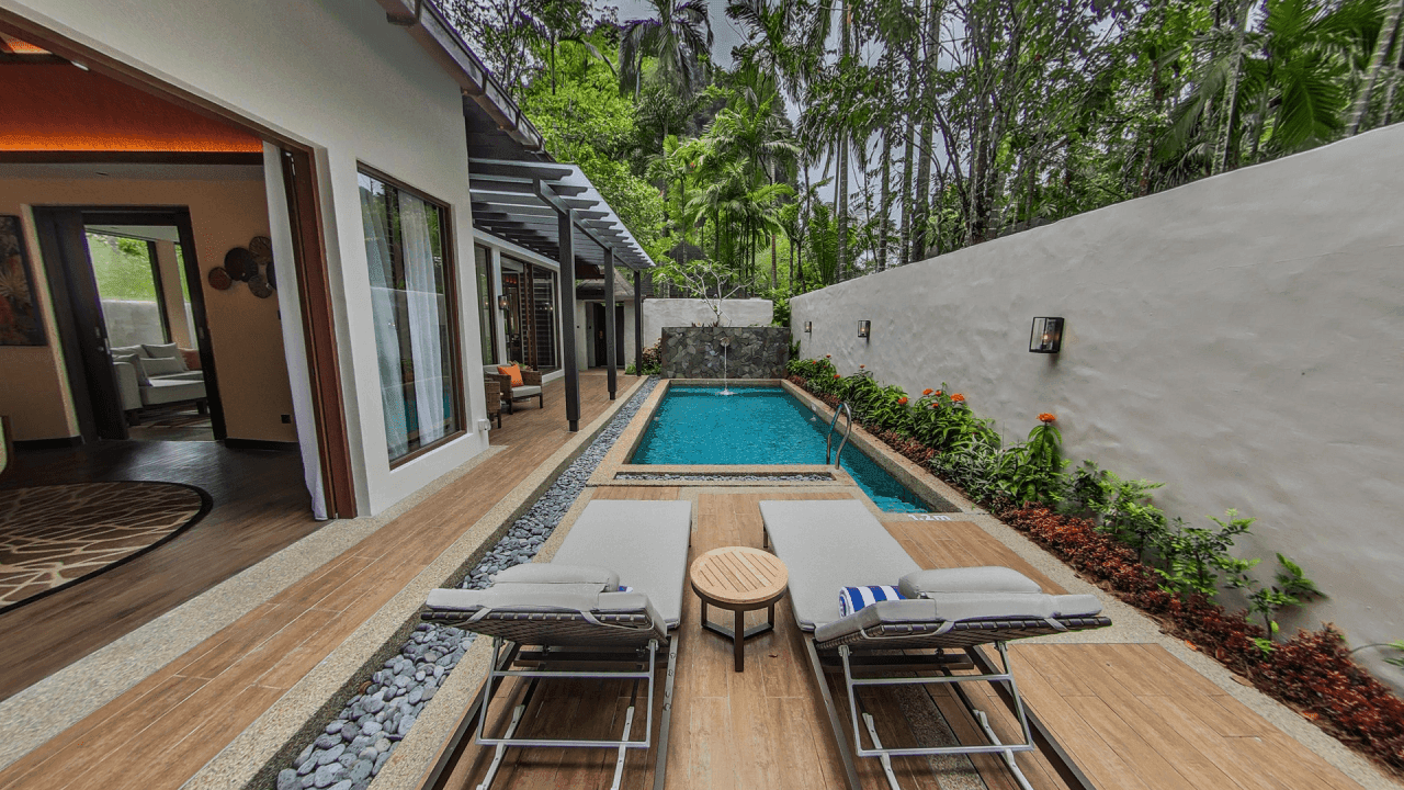 Sunbeds by the private pool area at The Banjaran Hotsprings Retreat