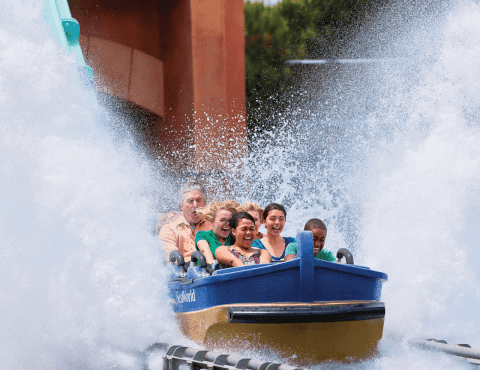 Excited visitors experiencing a thrilling water splash ride in a boat at SeaWorld Orlando near Rosen Inn Lake Buena Vista