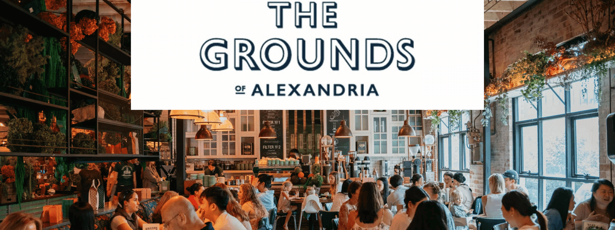 Banner featuring Bustling cafe with patrons and The Grounds of Alexandria logo used at Novotel Sydney International Airport