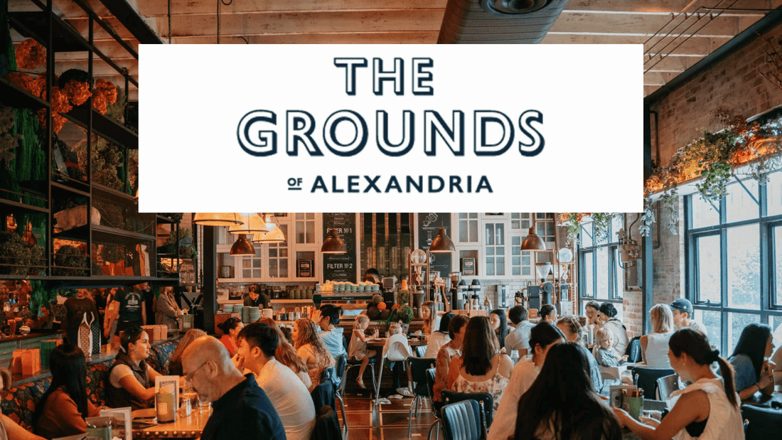 Banner featuring Bustling cafe with patrons and The Grounds of Alexandria logo used at Novotel Sydney International Airport