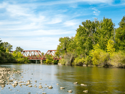 Distance view of the bridge by Boise River near Hotel 43