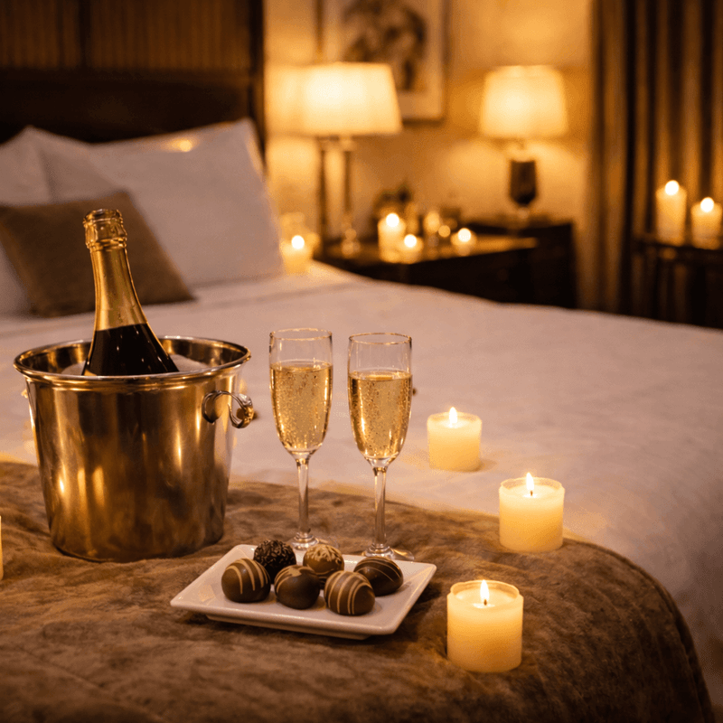 Image featuring candlelit decorated room, chocolates, and sparkling wine