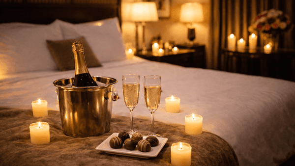 Image featuring candlelit decorated room, chocolates, and sparkling wine
