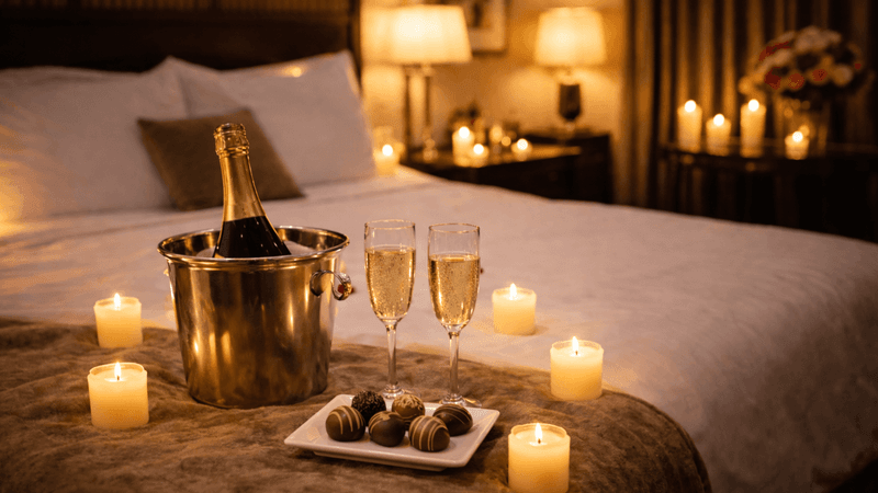 Image featuring candlelit decorated room, chocolates, and sparkling wine