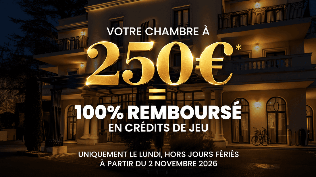 Golden 250 euro promotional text overlaid on an illuminated hotel facade at night with balconies and arched entrance.