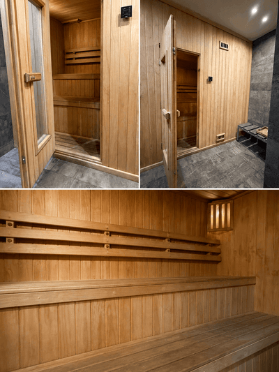 Wooden sauna interior photo collage featuring tiered bench seating showcasing one of the finest Chile hotels at Veranda Hotel