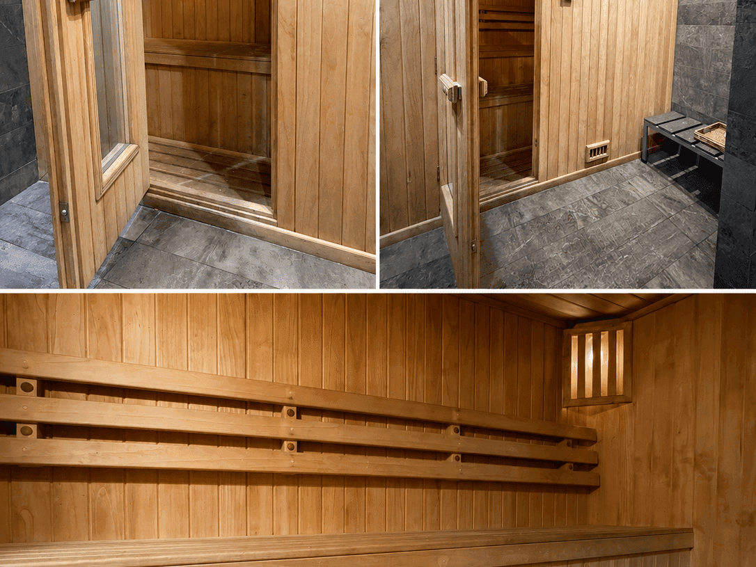 Collage de sauna de madera con bancos escalonados que muestra uno de los mejores hoteles de Chile en Veranda Hotel