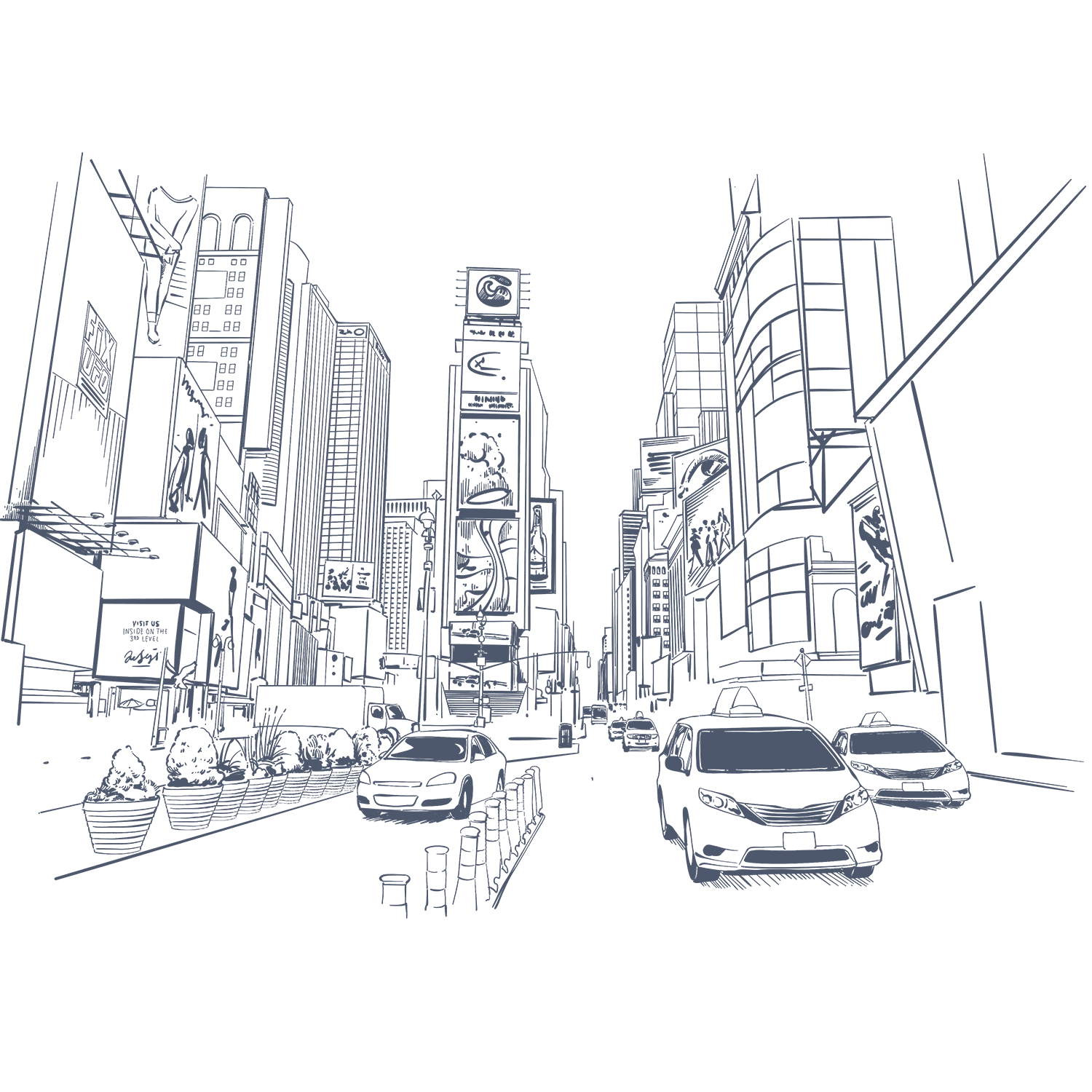 Line art of a busy city street with tall buildings and cars at Warwick New York