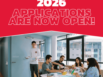 Poster for 2026 applications with people at a table and a man by the door.