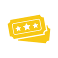 Yellow ticket icon with three black stars on a black background.