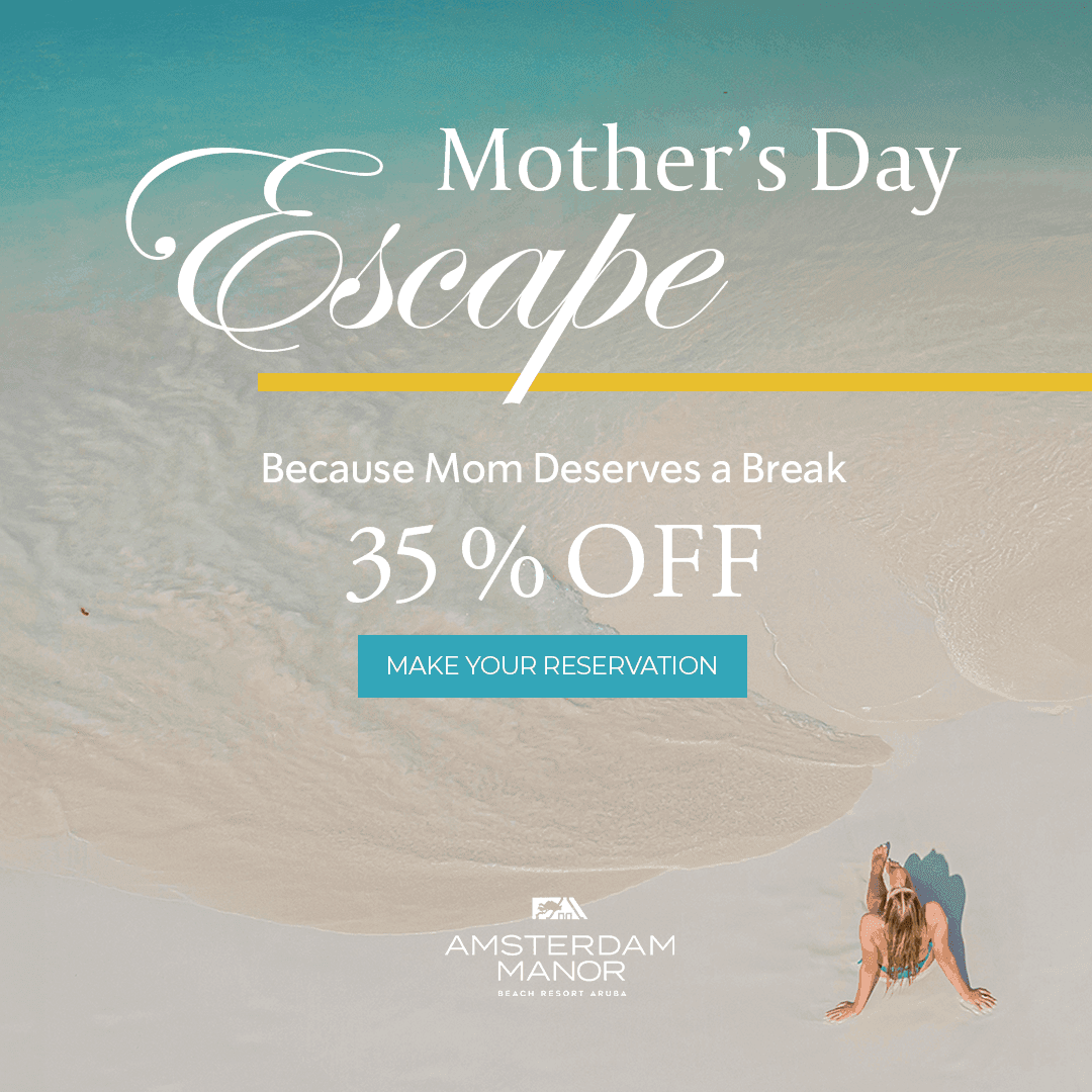 Poster advertising a Mother's Day Escape with 35% off, featuring a woman on a beach.