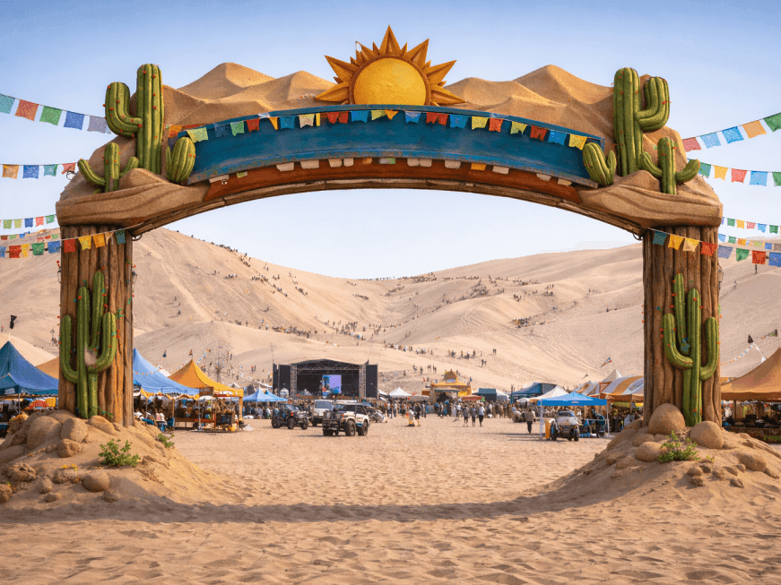 A decorative desert festival entrance arch with cactus motifs and a sun at the dunes near One Hotels