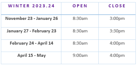 Schedule of lifts opening and closing times at Blackcomb Springs Suites