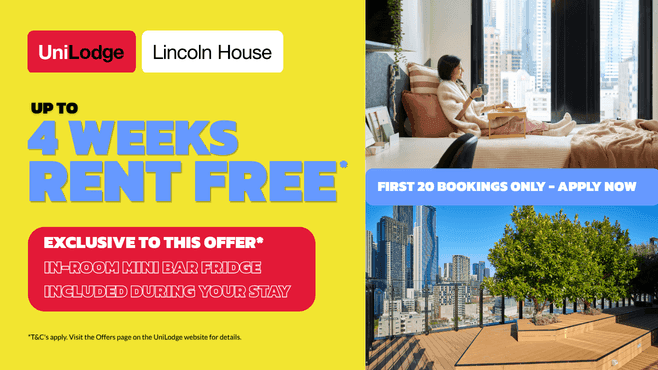 Promotional offer featuring up to 4 weeks rent free and in-room mini bar fridge with images of a student room and outdoor terrace