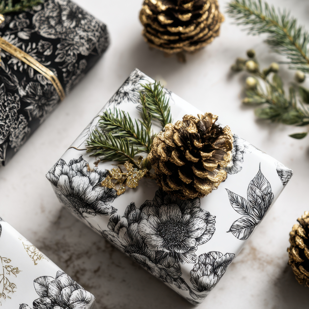 A few holiday pacakges bening carefully wrapped for the season