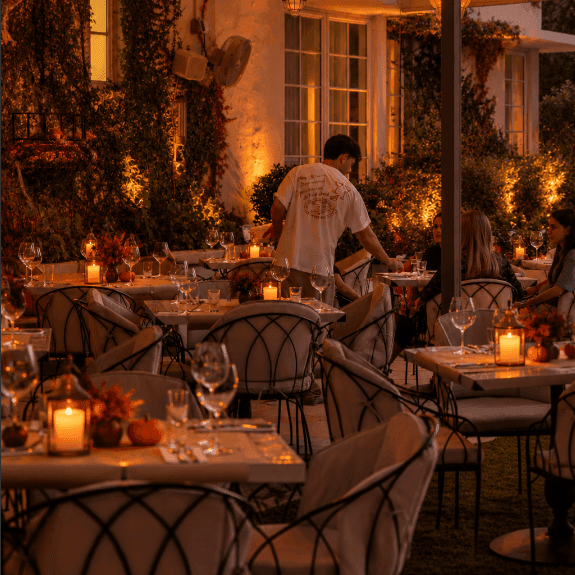 Outdoor dining tables with candles and autumn decorations set for an evening event in a vine-covered courtyard.