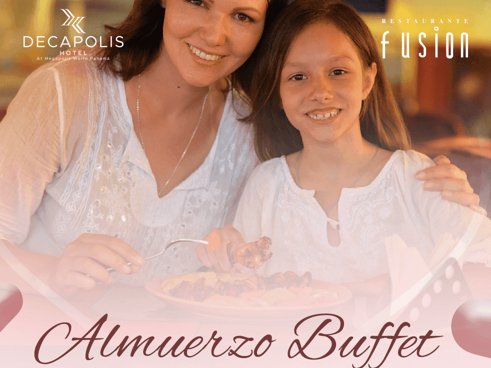 A poster for a buffet event on Mother's Day with two smiling women and a plate of food.