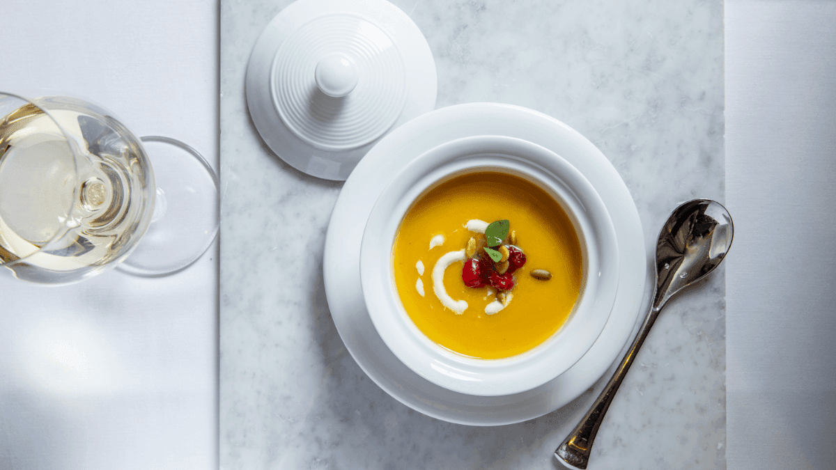 A Pumpkin soup served in Rugby Grille at The Townsend Hotel