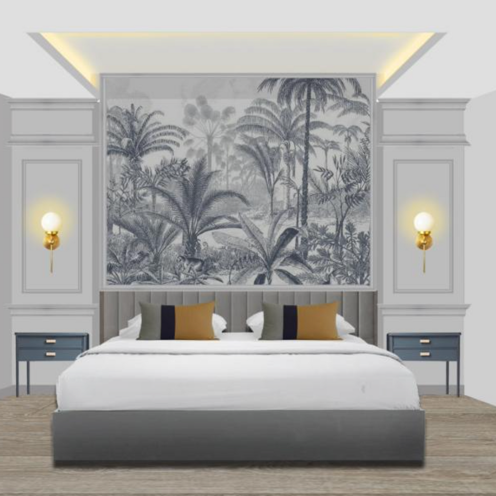 Concept design of a black & white wallpaper by the bed in a Room at Eastin Hotel Vietiane Laos