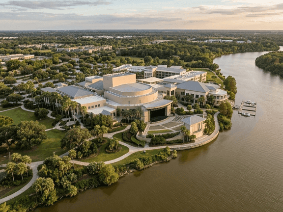 Aerial view of Riverside Theatre by a winding river and lush greenery near Star Suites Vero Beach under a cloudy sky