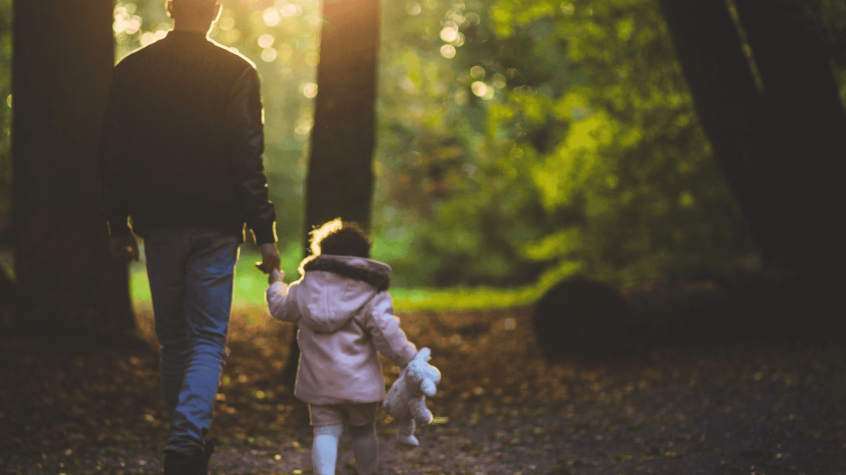 A father holds hand of his young daughter with teddy bear walking on wooded path in golden light.