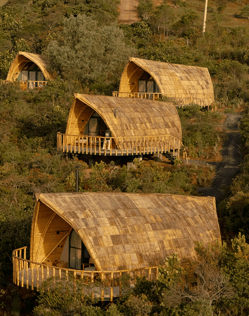 Cabañas glamping de madera con techos curvos de paja en una ladera verde con vistas a la naturaleza en Hotel Casa Selvaggio