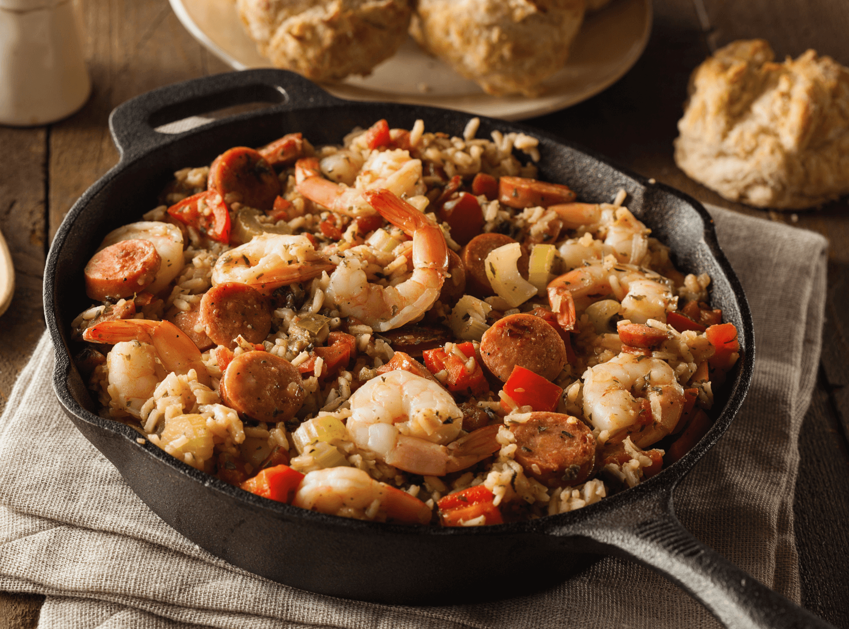 a skillet with shrimp jumbolia