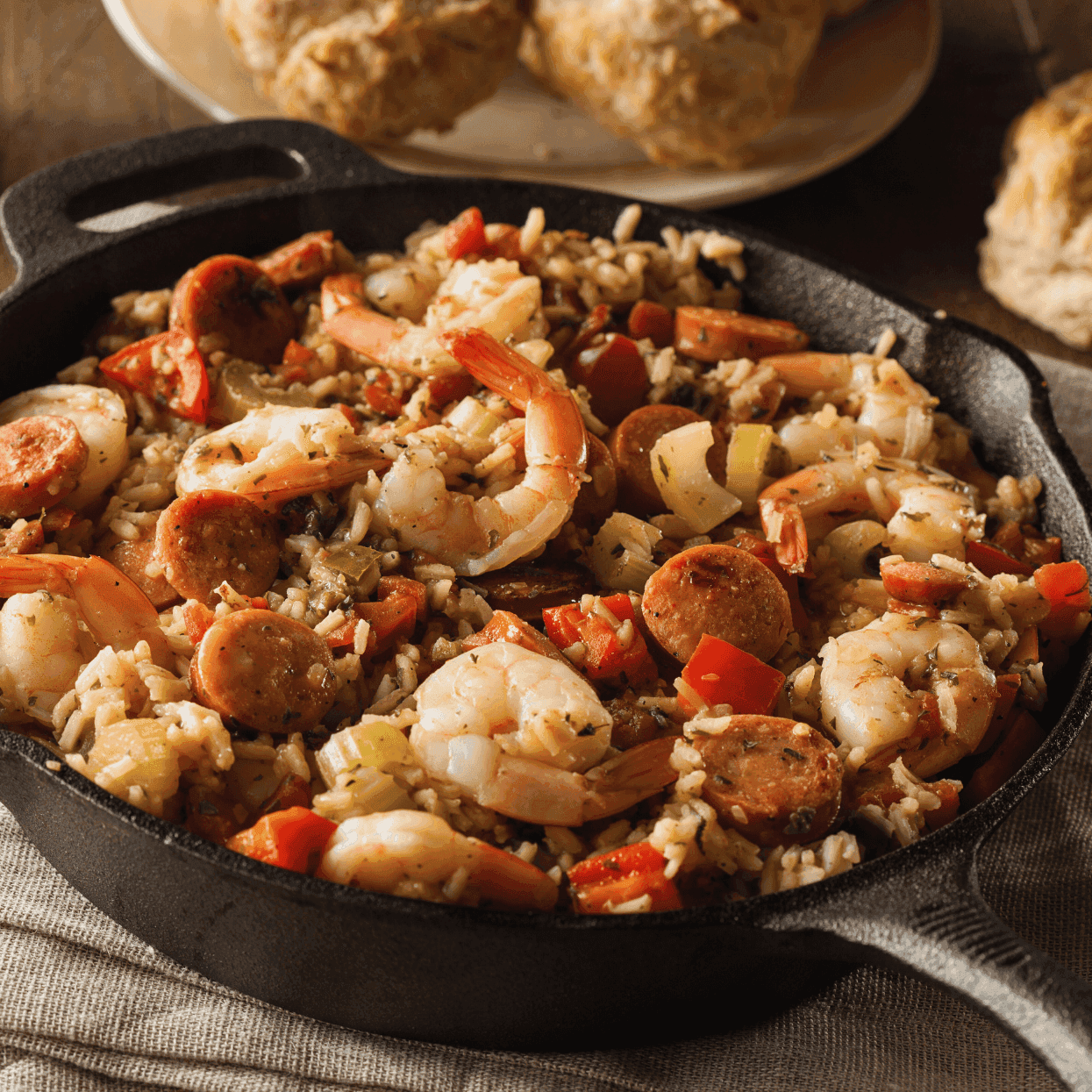 a hot skillet with freshly cooked jambalaya and biscuits 