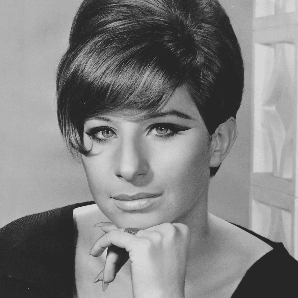 Black and white portrait of singer Barbra Streisand resting her chin on her hand near Arlington Resort Hotel & Spa