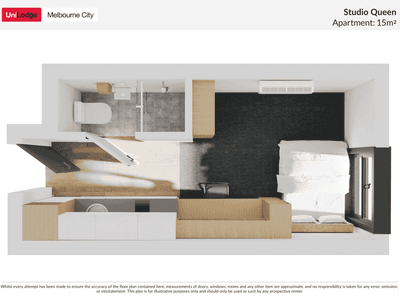 Floor plan of Studio Queen Apartment in Melbourne City with a bed, bathroom, and kitchen area.