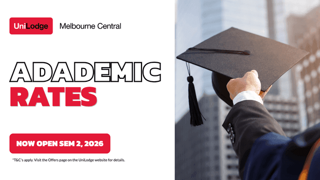 Student holding mortarboard cap Academic Rates now open promotion displayed