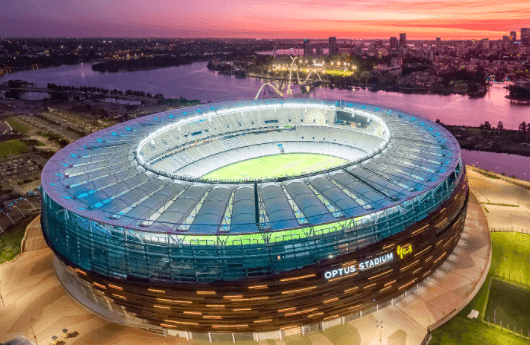 Aerial view of Optus Stadium near Nesuto Curtin