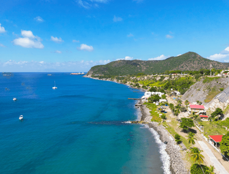 Aerial view of Oranje Bay and the Lower Town coastline of St. Eustatius, where the Andrew Doria anchored in 1776