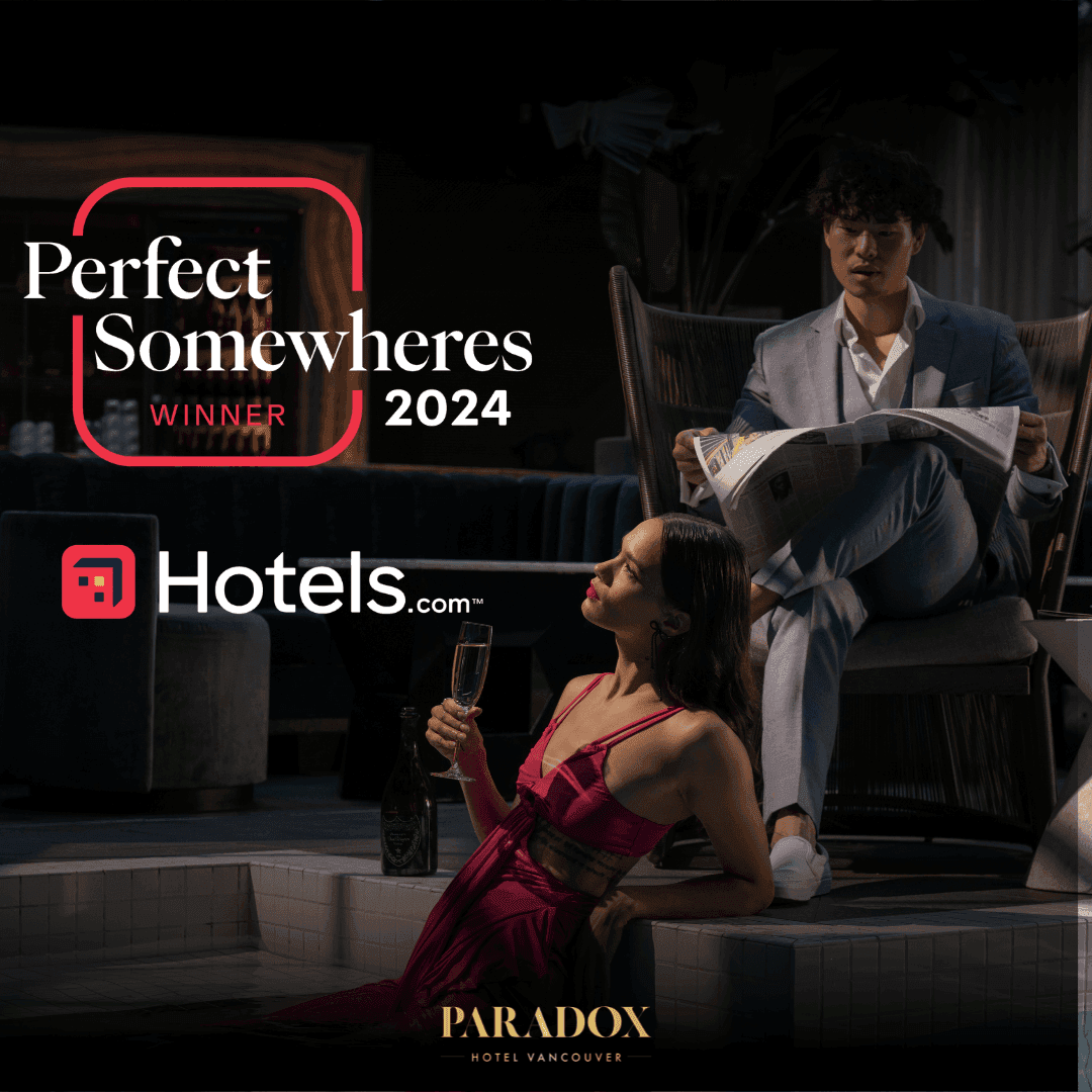 Couple at Paradox Hotel Vancouver, winner of Perfect Somewheres 2024 by Hotels.com.