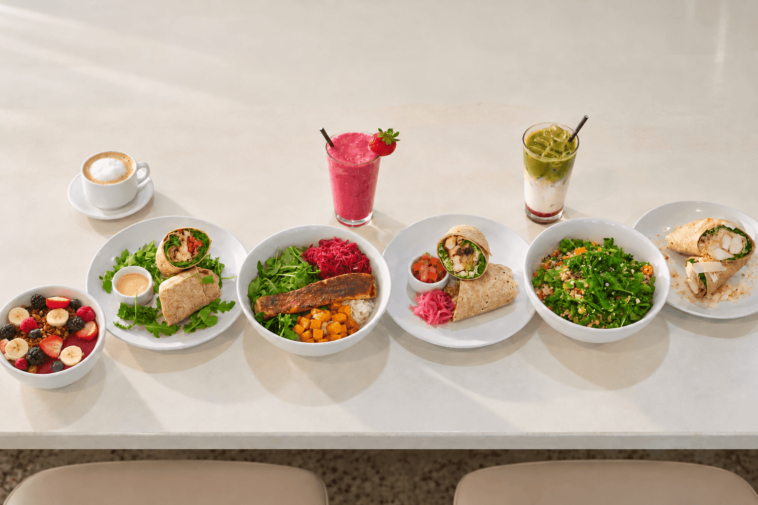 A spread of healthy food on a white table