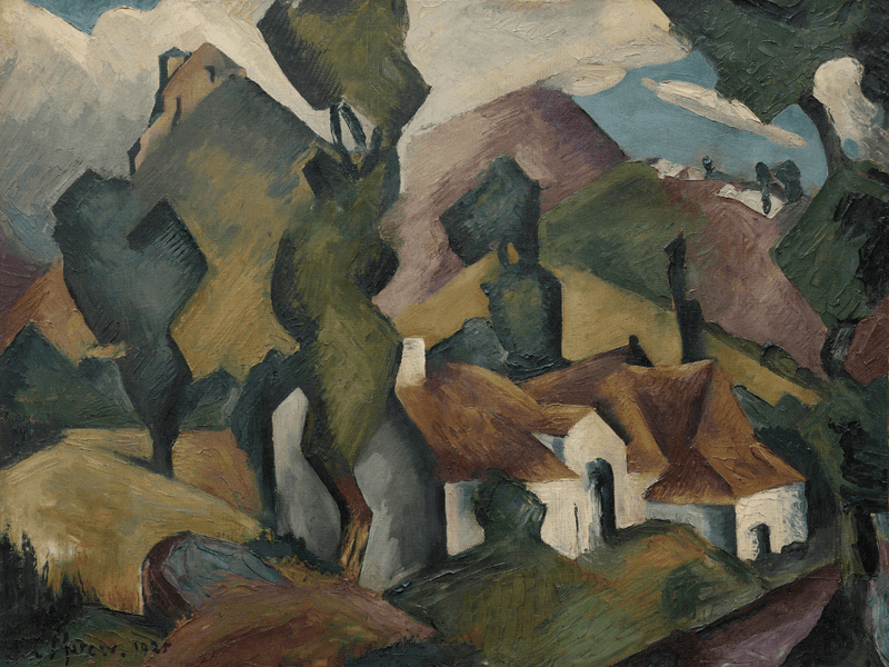 Oil painting of abstract, hilly landscape with houses and trees in muted green, brown, and beige tones.