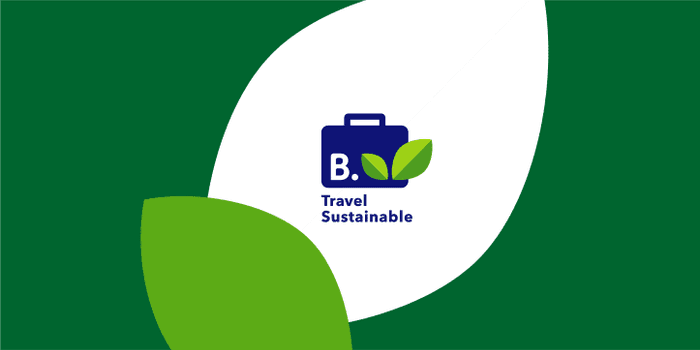 Booking. com Travel Sustainable emblem on leaf graphic background promoting eco stays at Worthing Court Apartment Hotel