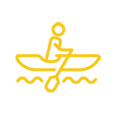 Icon of a person sitting in a boat paddling in water.