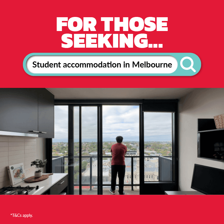 Student living advertisement shows a person looking out from a balcony at Student Living - Vivida 